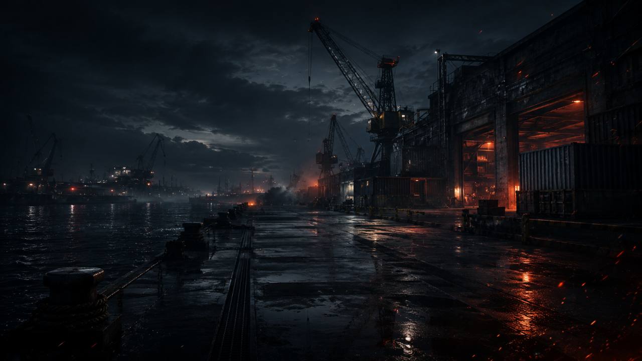 Nächtlicher Industriehafen als Bildwelt von Nordwerk Esports